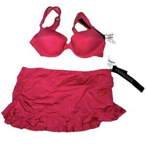 Jantzen Womens Bikini With Underwire Top & Skirt Pink Swimsuit Size 34DD /14